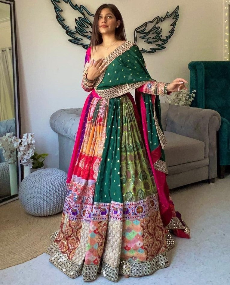 Multicolor cotton print and mirror work gujarati garba navratri lehenga chaniya choli