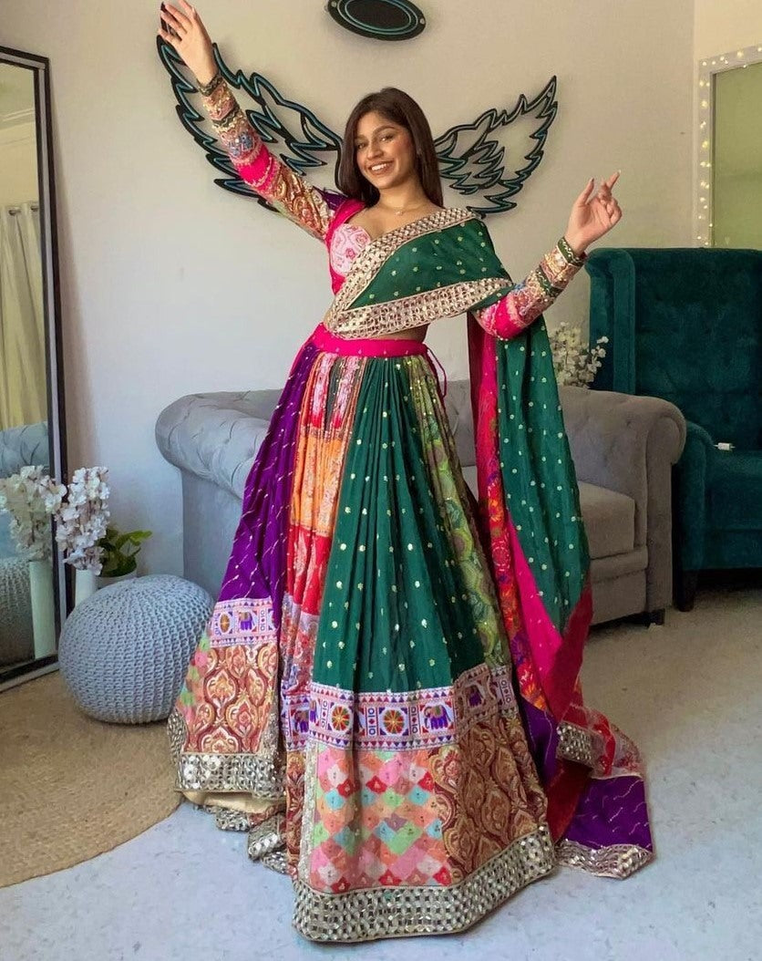 Multicolor cotton print and mirror work gujarati garba navratri lehenga chaniya choli