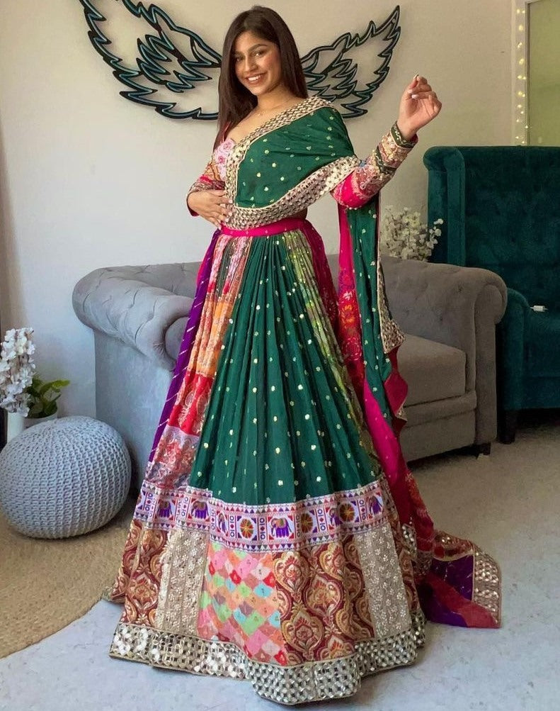 Multicolor cotton print and mirror work gujarati garba navratri lehenga chaniya choli