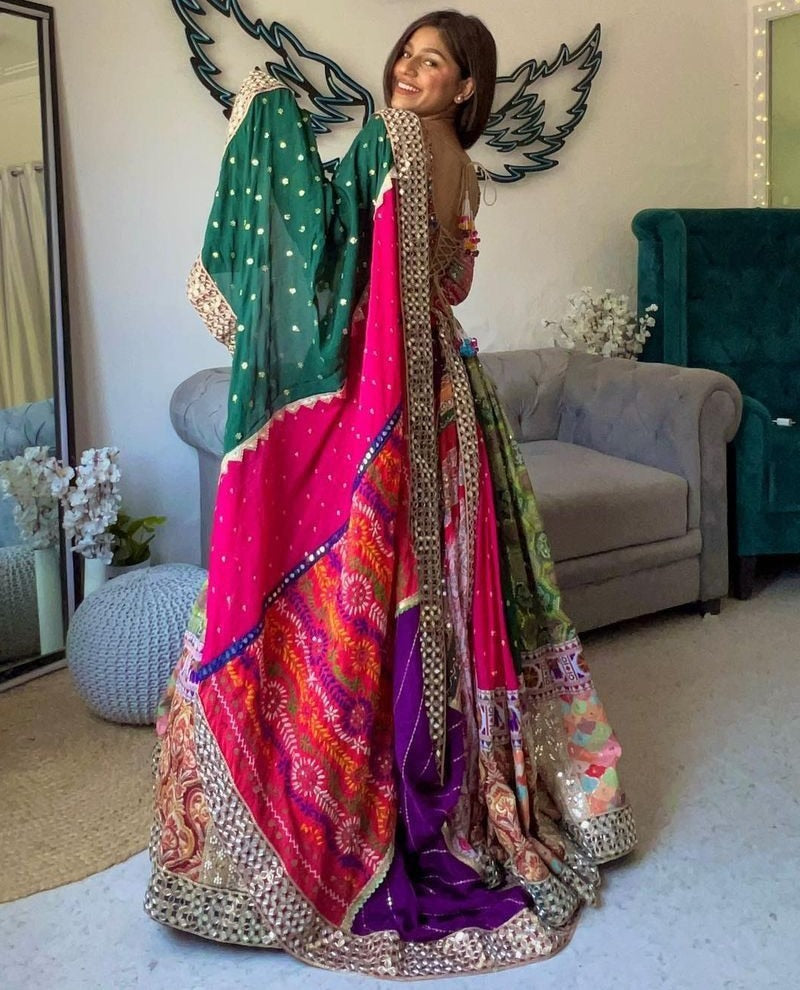 Multicolor cotton print and mirror work gujarati garba navratri lehenga chaniya choli