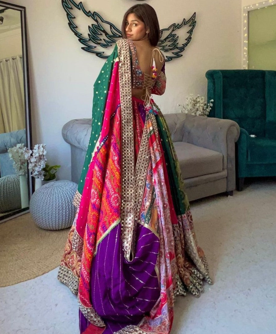Multicolor cotton print and mirror work gujarati garba navratri lehenga chaniya choli
