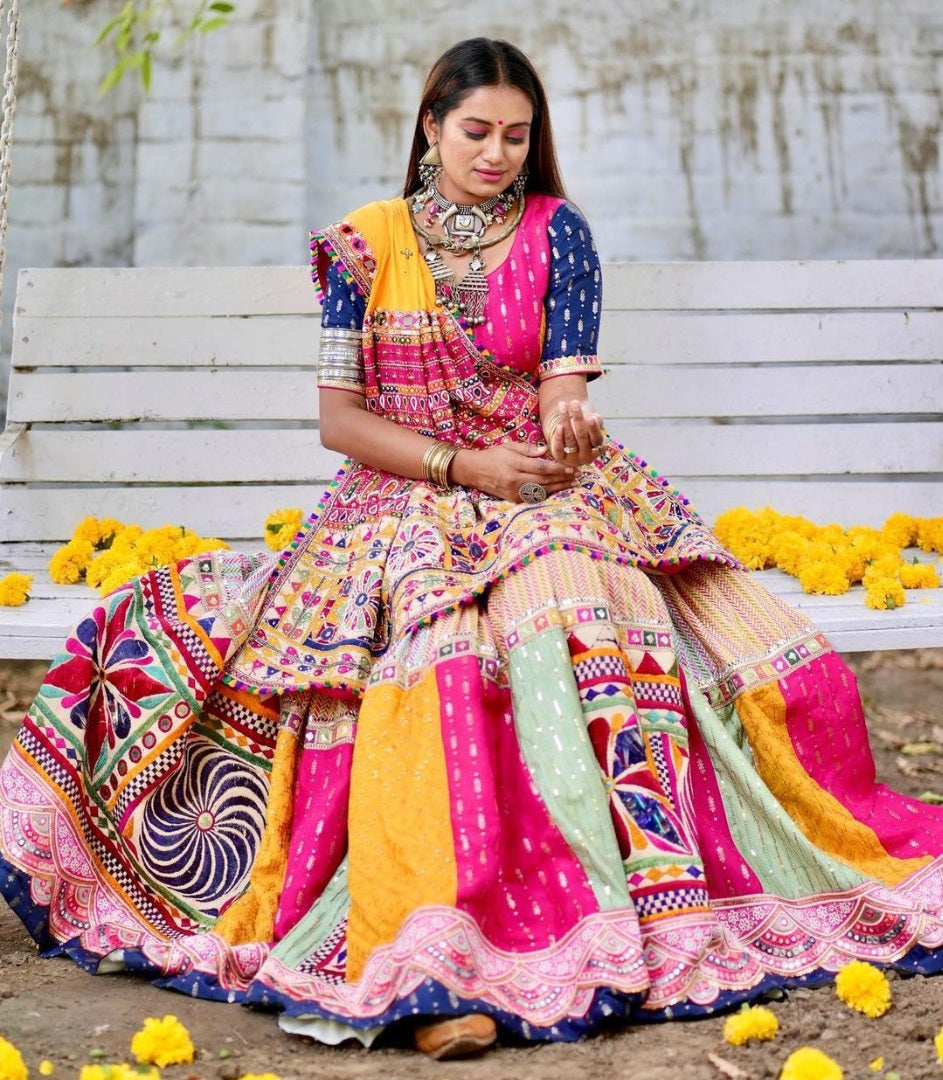 Multicolor cotton print and mirror work gujarati garba navratri lehenga chaniya choli