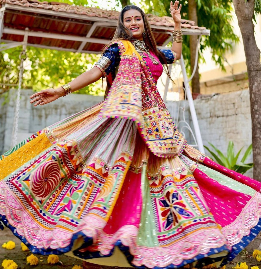 Multicolor cotton print and mirror work gujarati garba navratri lehenga chaniya choli