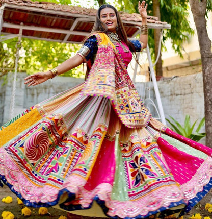 Multicolor cotton print and mirror work gujarati garba navratri lehenga chaniya choli