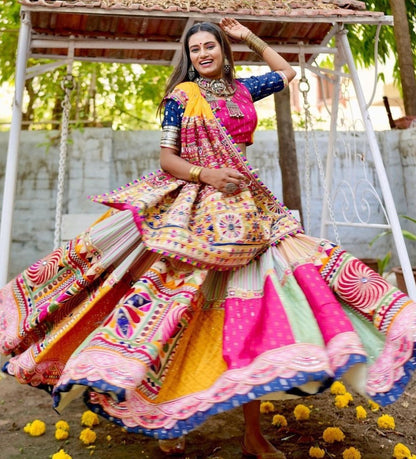 Multicolor cotton print and mirror work gujarati garba navratri lehenga chaniya choli