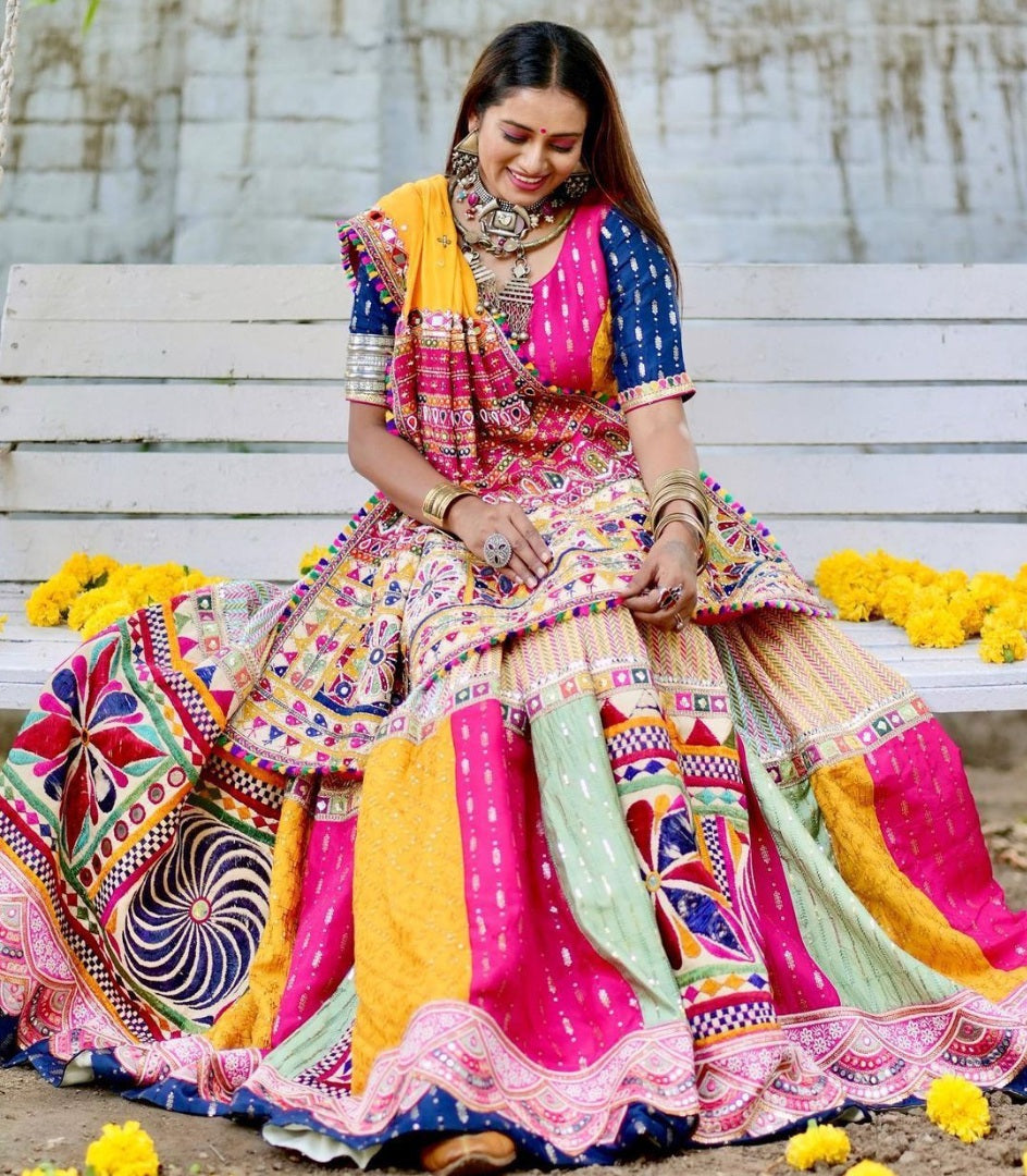 Multicolor cotton print and mirror work gujarati garba navratri lehenga chaniya choli