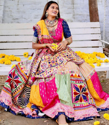Multicolor cotton print and mirror work gujarati garba navratri lehenga chaniya choli