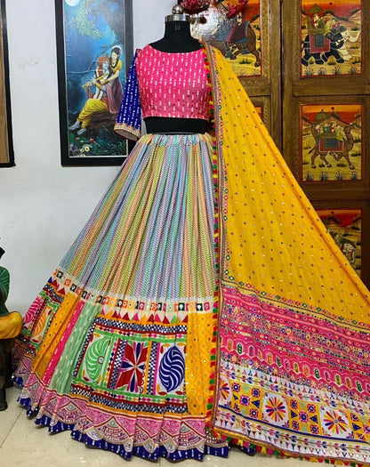 Multicolor cotton print and mirror work gujarati garba navratri lehenga chaniya choli