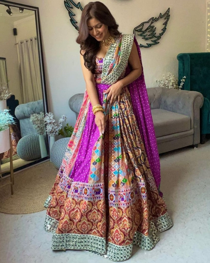 Multicolor cotton print and mirror work gujarati garba navratri lehenga chaniya choli