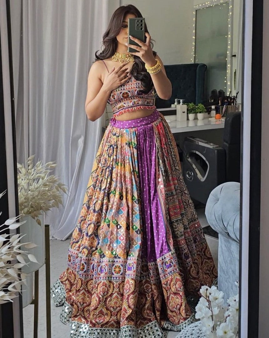 Multicolor cotton print and mirror work gujarati garba navratri lehenga chaniya choli