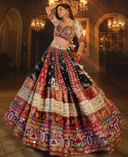 Multicolor cotton print and mirror work gujarati garba navratri lehenga chaniya choli
