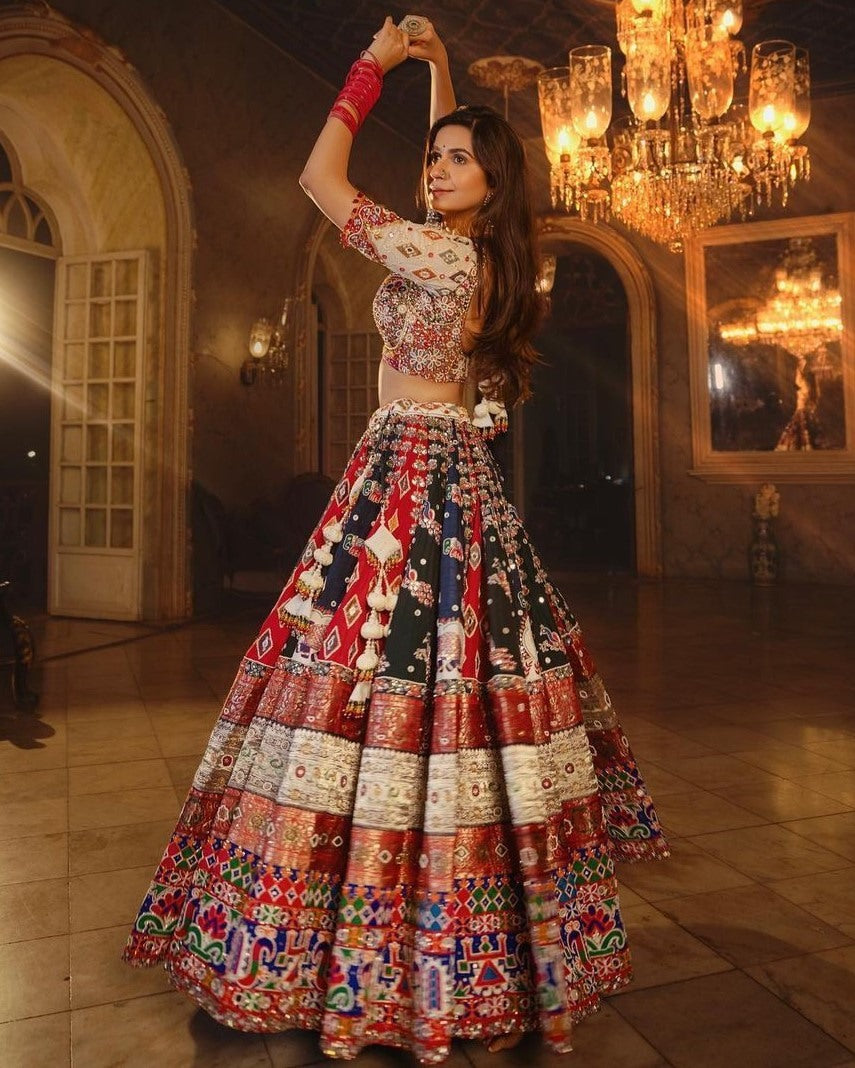 Multicolor cotton print and mirror work gujarati garba navratri lehenga chaniya choli