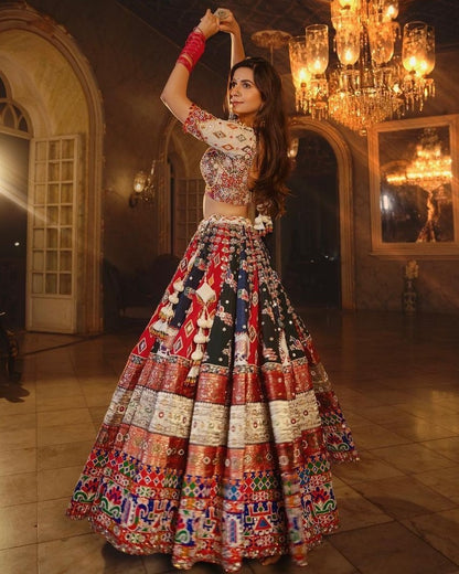 Multicolor cotton print and mirror work gujarati garba navratri lehenga chaniya choli