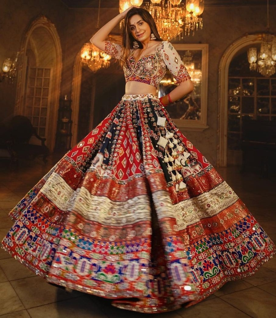 Multicolor cotton print and mirror work gujarati garba navratri lehenga chaniya choli