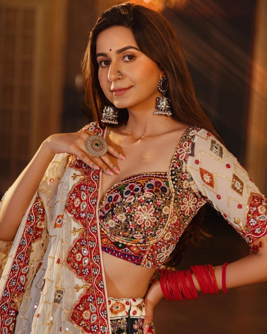 Multicolor cotton print and mirror work gujarati garba navratri lehenga chaniya choli