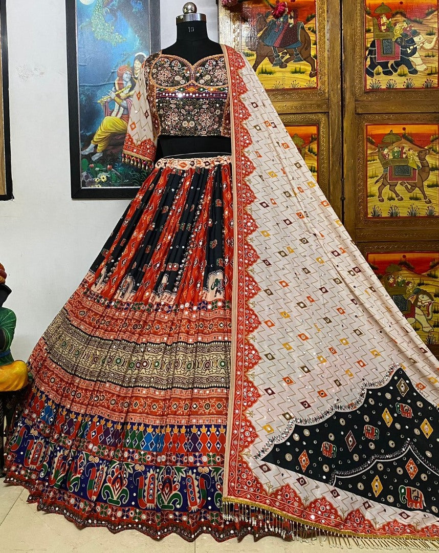 Multicolor cotton print and mirror work gujarati garba navratri lehenga chaniya choli
