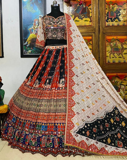 Multicolor cotton print and mirror work gujarati garba navratri lehenga chaniya choli