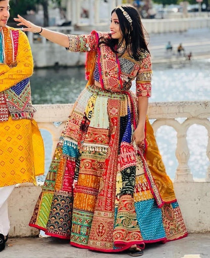 Multicolor cotton print mirror work gujarati garba navratri lehenga chaniya choli