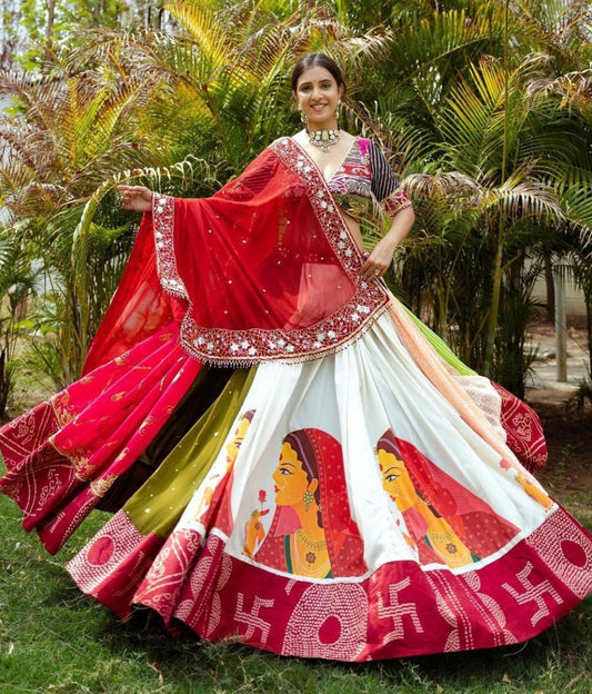 Multicolor cotton print mirror work gujarati garba navratri lehenga chaniya choli