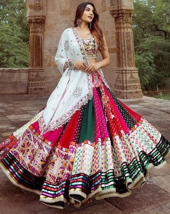 Multicolor cotton print mirror work gujarati garba navratri lehenga chaniya choli