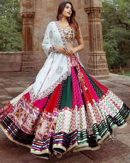 Multicolor cotton print mirror work gujarati garba navratri lehenga chaniya choli