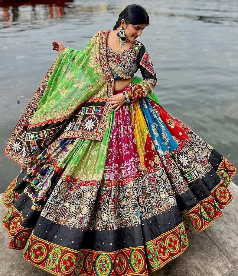 Multicolor cotton print mirror work gujarati garba navratri lehenga chaniya choli