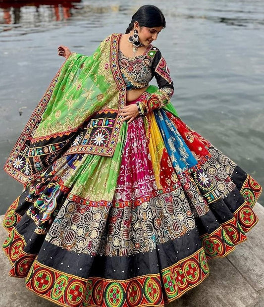 Multicolor cotton print mirror work gujarati garba navratri lehenga chaniya choli