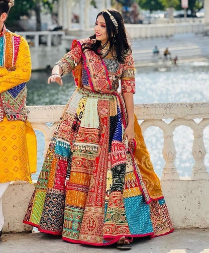 Multicolor cotton print mirror work gujarati garba navratri lehenga chaniya choli