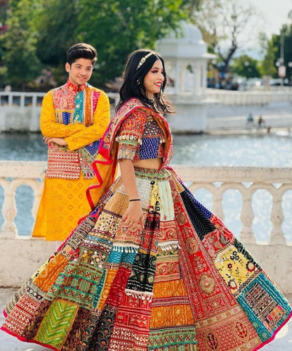 Multicolor cotton print mirror work gujarati garba navratri lehenga chaniya choli