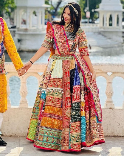 Multicolor cotton print mirror work gujarati garba navratri lehenga chaniya choli