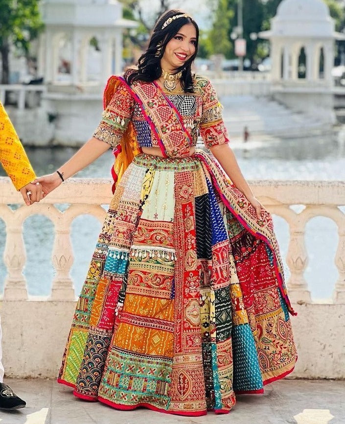 Multicolor cotton print mirror work gujarati garba navratri lehenga chaniya choli