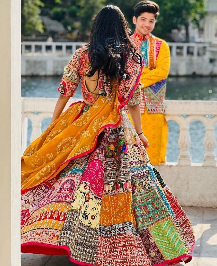 Multicolor cotton print mirror work gujarati garba navratri lehenga chaniya choli