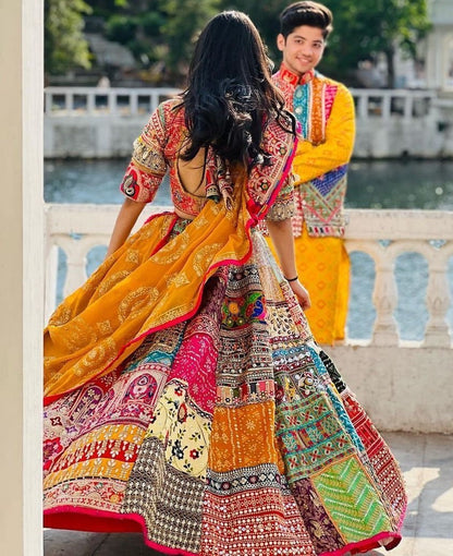 Multicolor cotton print mirror work gujarati garba navratri lehenga chaniya choli