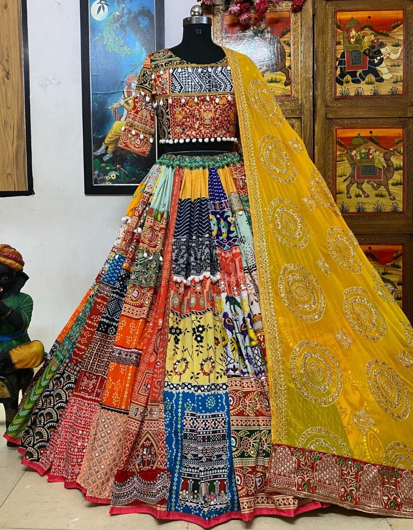 Multicolor cotton print mirror work gujarati garba navratri lehenga chaniya choli
