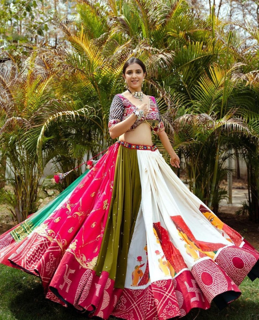 Multicolor cotton print mirror work gujarati garba navratri lehenga chaniya choli
