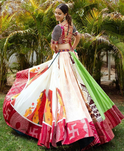 Multicolor cotton print mirror work gujarati garba navratri lehenga chaniya choli
