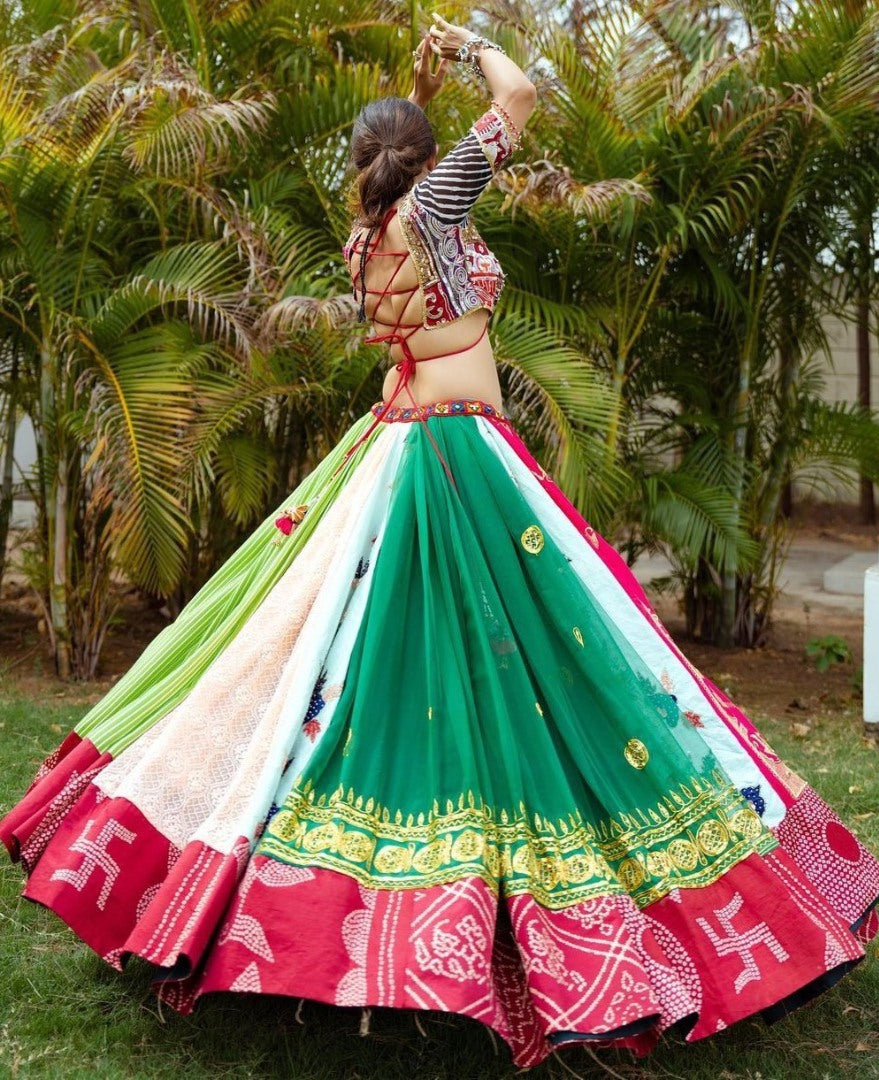 Multicolor cotton print mirror work gujarati garba navratri lehenga chaniya choli
