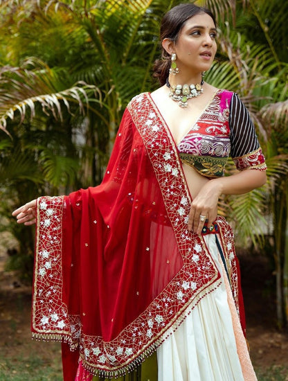 Multicolor cotton print mirror work gujarati garba navratri lehenga chaniya choli