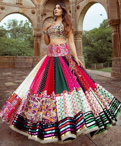 Multicolor cotton print mirror work gujarati garba navratri lehenga chaniya choli