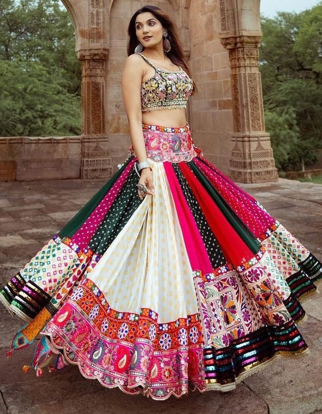 Multicolor cotton print mirror work gujarati garba navratri lehenga chaniya choli