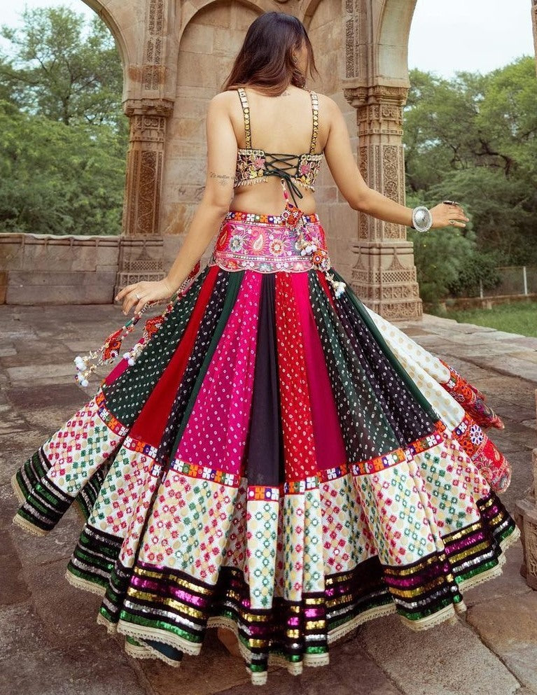 Multicolor cotton print mirror work gujarati garba navratri lehenga chaniya choli