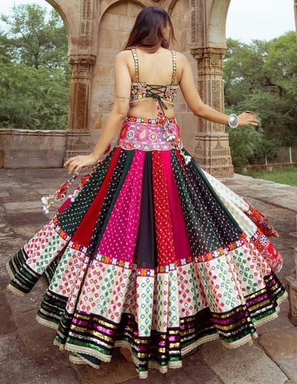 Multicolor cotton print mirror work gujarati garba navratri lehenga chaniya choli