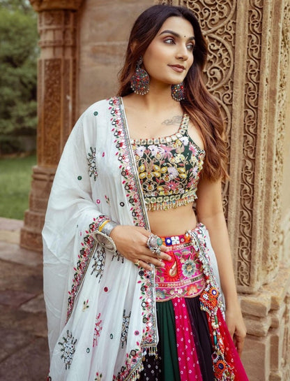 Multicolor cotton print mirror work gujarati garba navratri lehenga chaniya choli