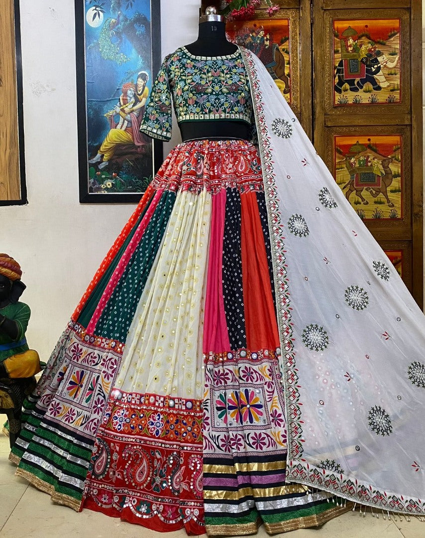 Multicolor cotton print mirror work gujarati garba navratri lehenga chaniya choli