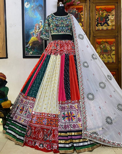 Multicolor cotton print mirror work gujarati garba navratri lehenga chaniya choli