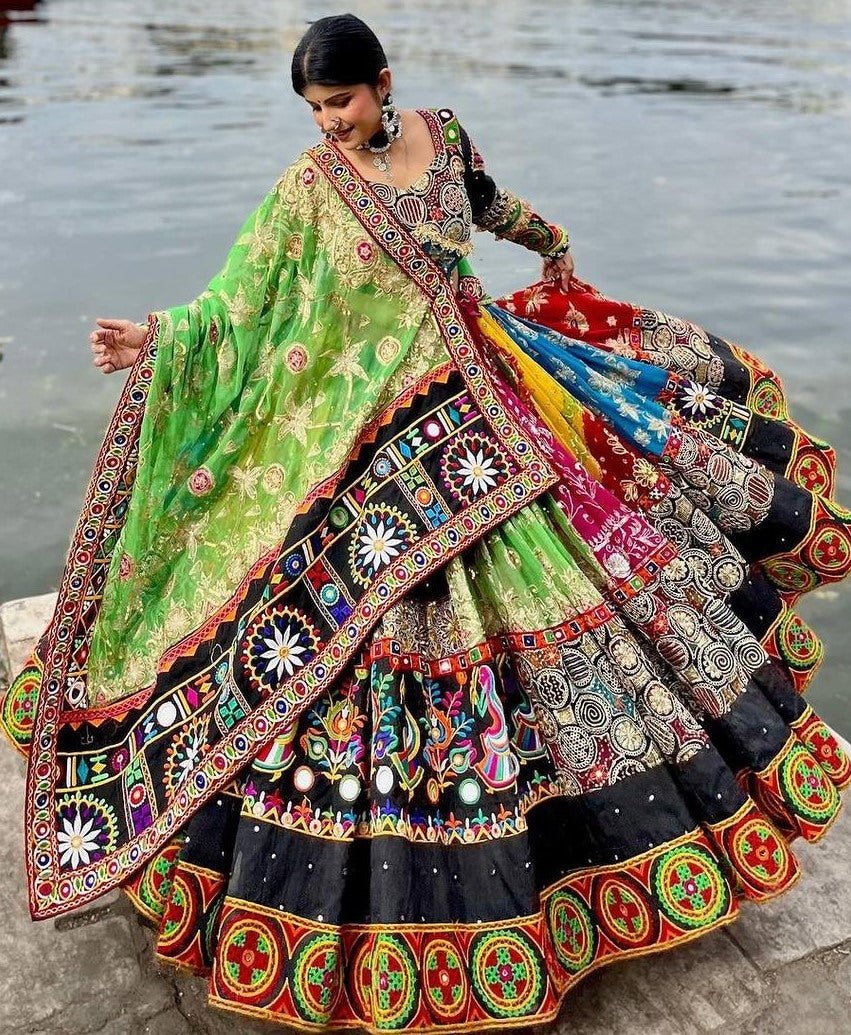 Multicolor cotton print mirror work gujarati garba navratri lehenga chaniya choli