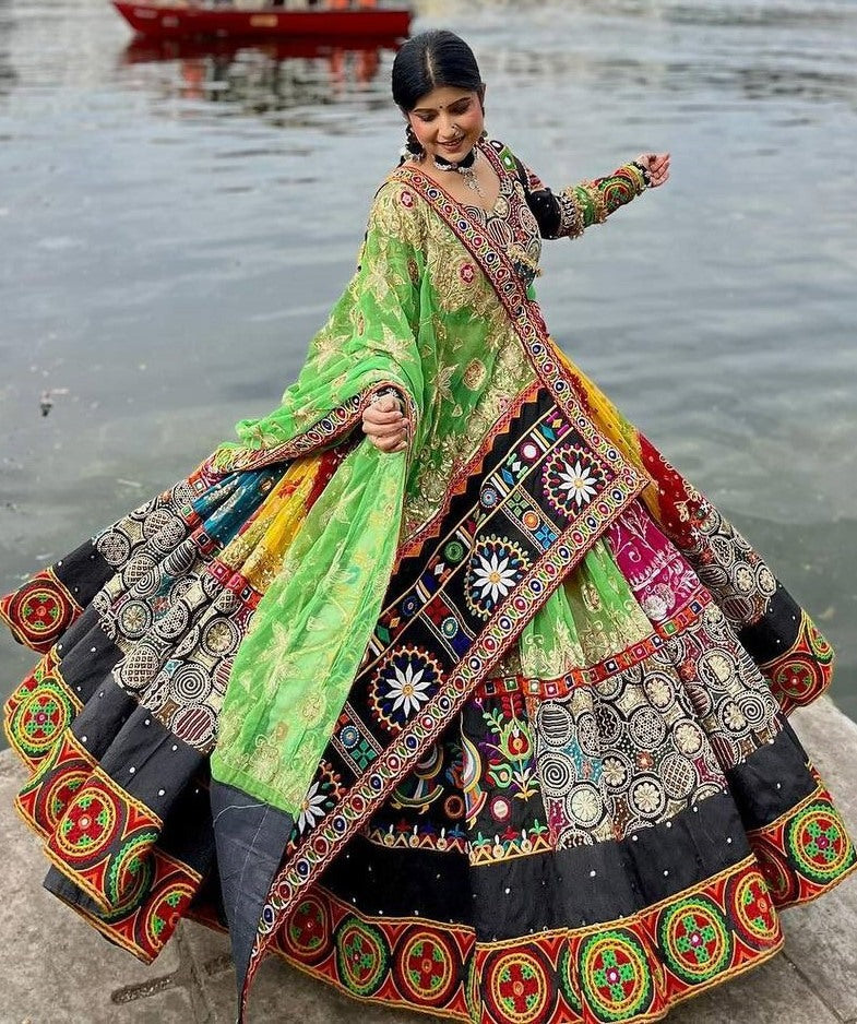 Multicolor cotton print mirror work gujarati garba navratri lehenga chaniya choli