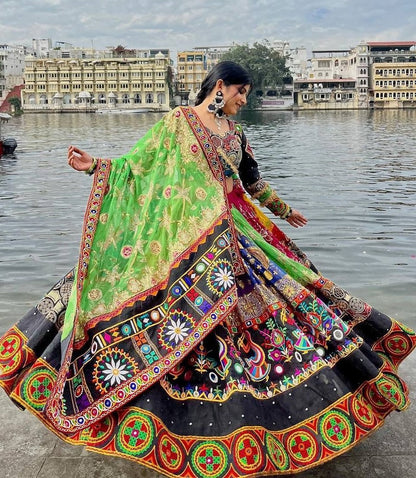 Multicolor cotton print mirror work gujarati garba navratri lehenga chaniya choli