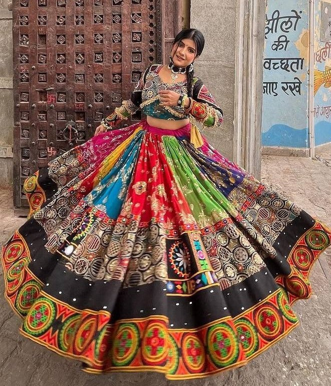 Multicolor cotton print mirror work gujarati garba navratri lehenga chaniya choli