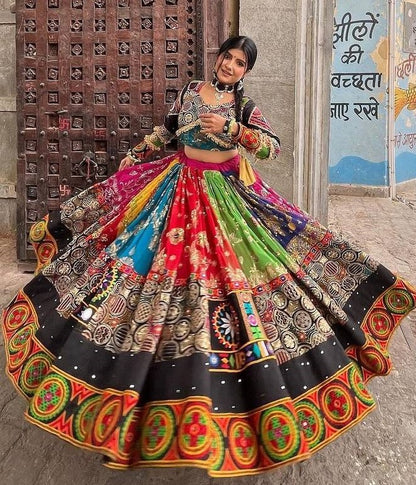 Multicolor cotton print mirror work gujarati garba navratri lehenga chaniya choli